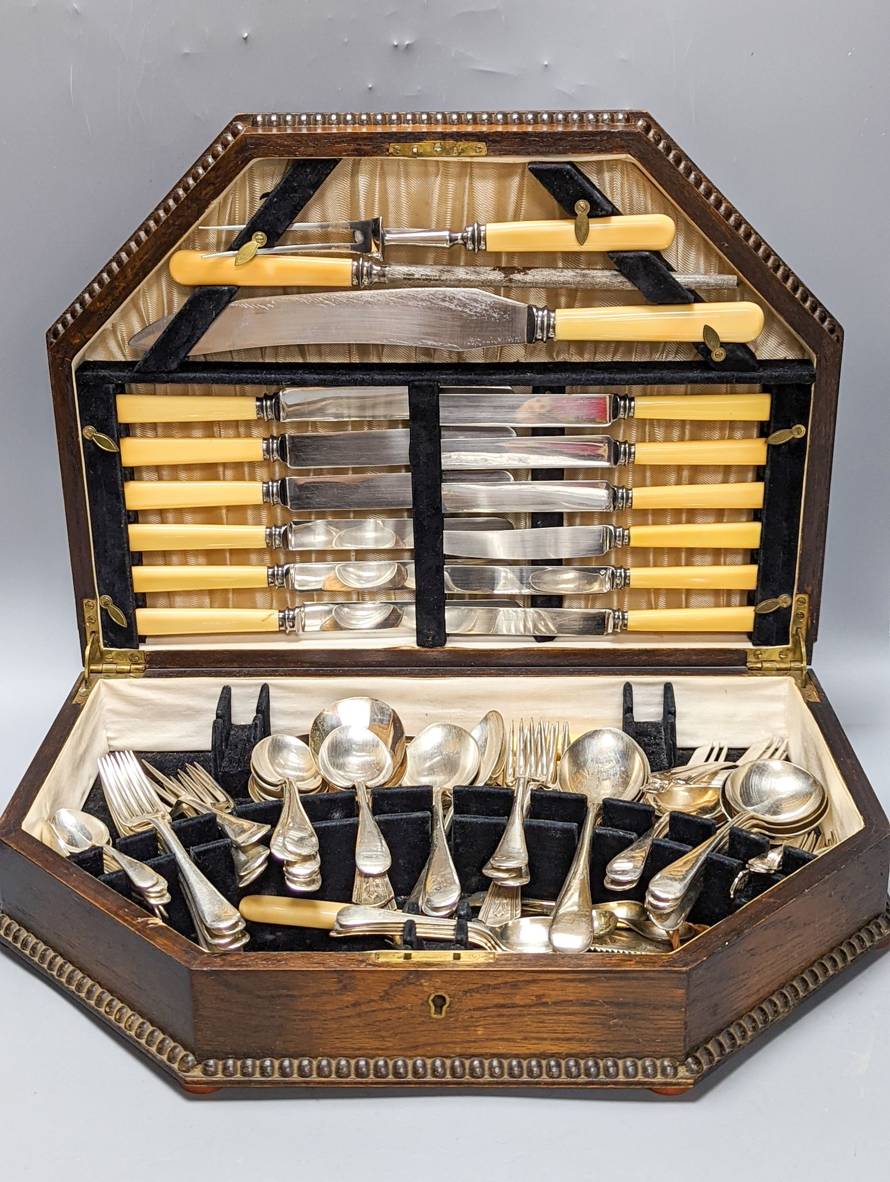 An oak cased canteen of mixed plated flatware together with other plated wares including 2 cased sets